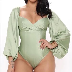 Fashion Nova Satin Sage Green Bodysuit